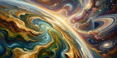 Swirling Van Gogh style oil painting of a planet, nebulae, and distant galaxies.