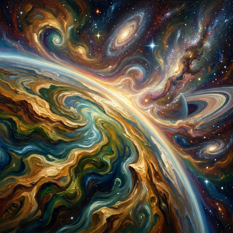 Swirling Van Gogh style oil painting of a planet, nebulae, and distant galaxies.