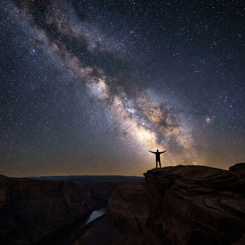 Silhouette of a person with outstretched arms on a cliff under the Milky Way galaxy.